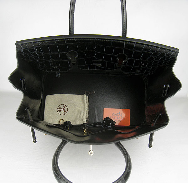 High Quality Fake Hermes Birkin 35CM Crocodile Veins Leather Bag Black 6089